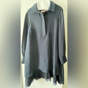 LELA ROSE NAVY BLUE L/S SILK DRESS W/ EMBELLISHED TRIMMED HEM LADIES SIZE 12